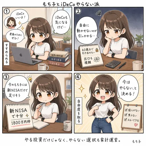 【お金】iDeCoやらない派の理由。新NISA枠でもち子は十分です(4コマ漫画)