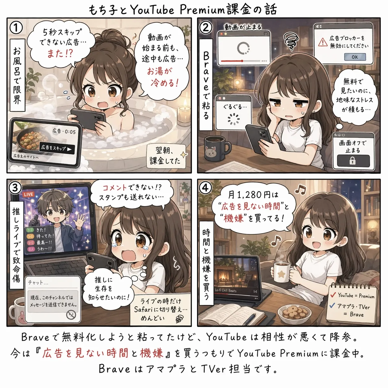 もち子とYouTube Premium課金の話(4コマ)