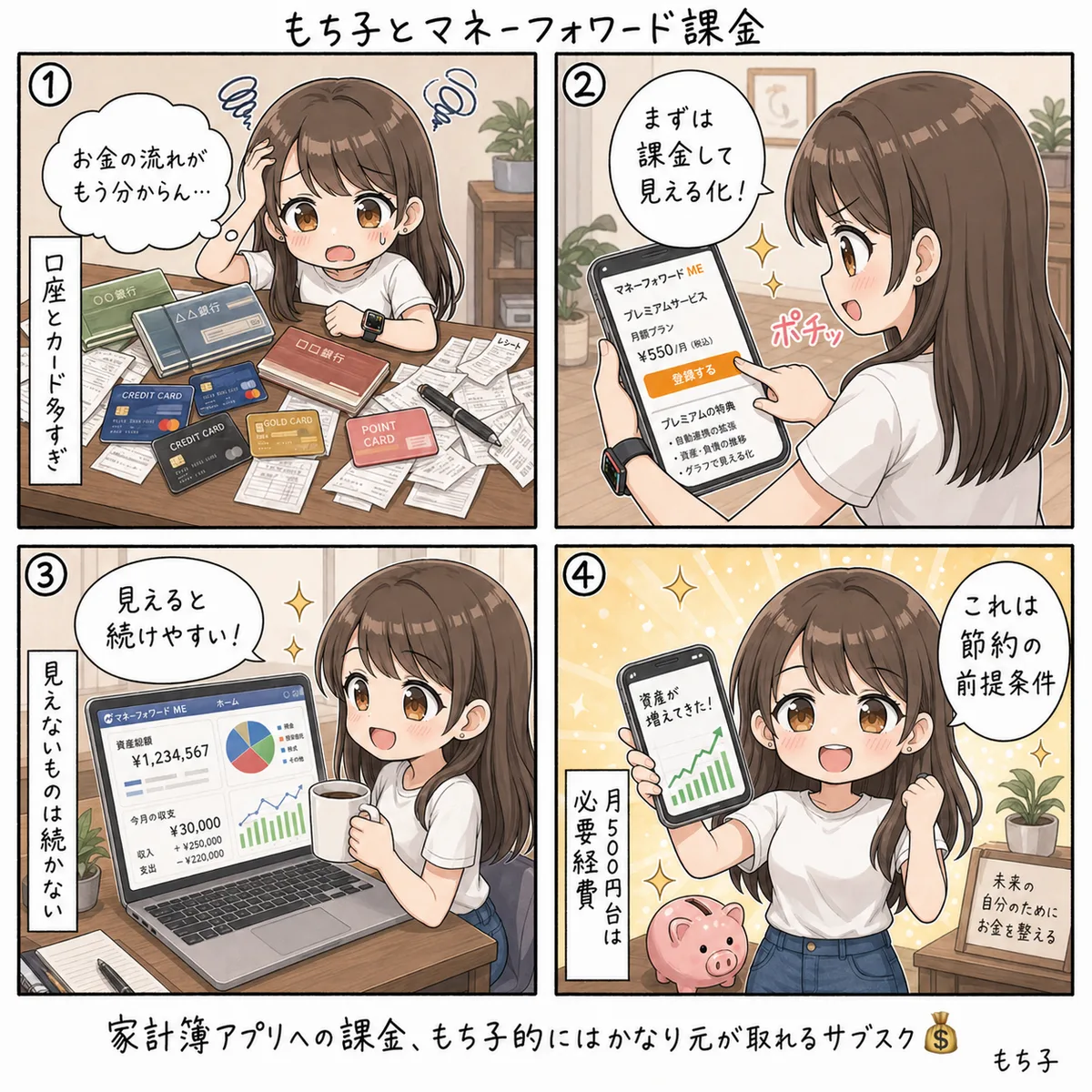 もち子とマネーフォワード課金(4コマ)
