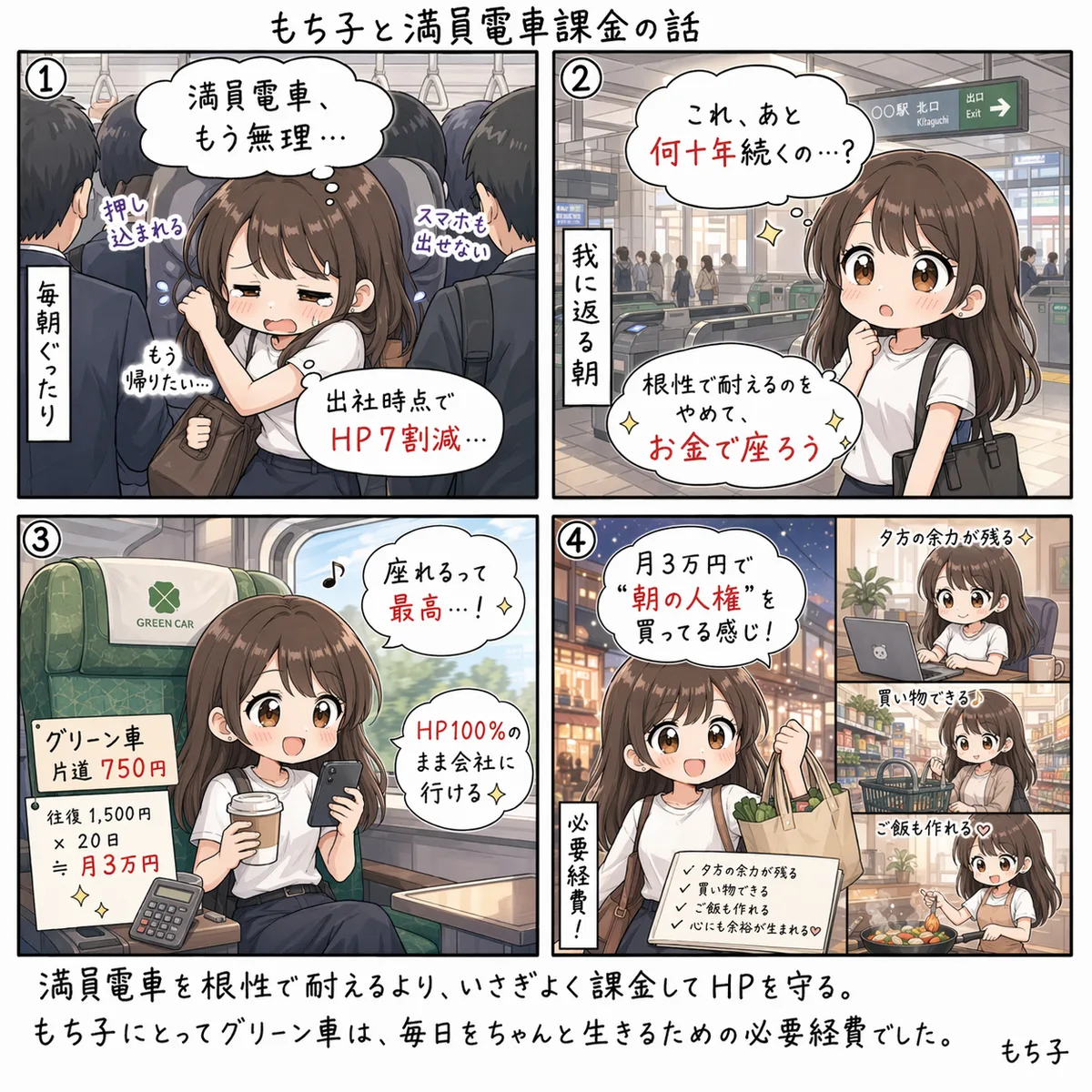 もち子と満員電車課金の話(4コマ)