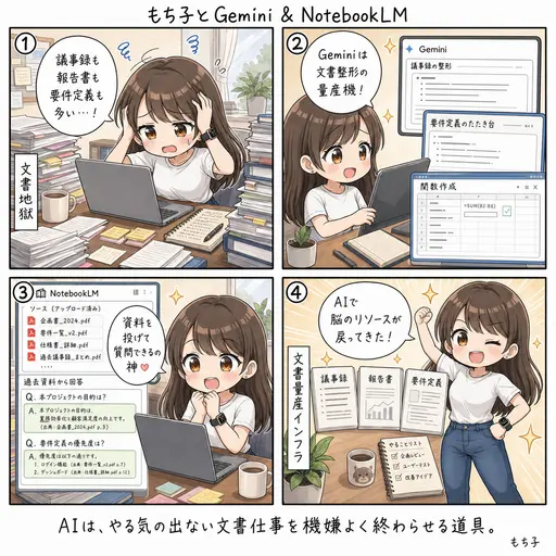 【ガジェット】Gemini と NotebookLM で議事録・報告書・要件定義を量産する話(4コマ漫画)