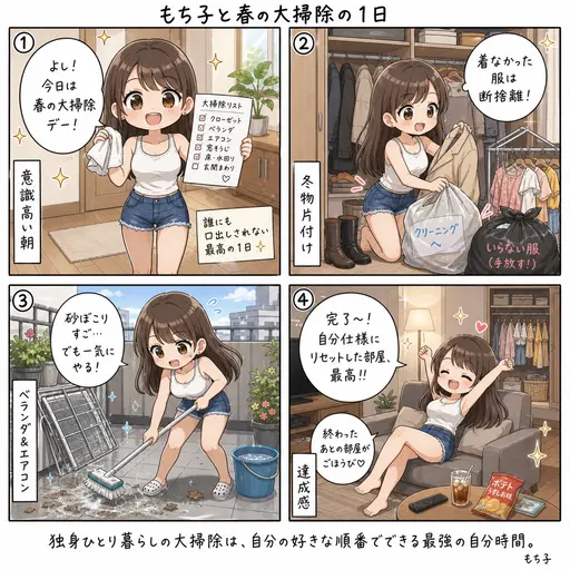 【GW3日目】独身ひとり暮らし春の大掃除レポ。誰にも口出しされない、自分の部屋を自分仕様にリセットする1日(4コマ漫画)
