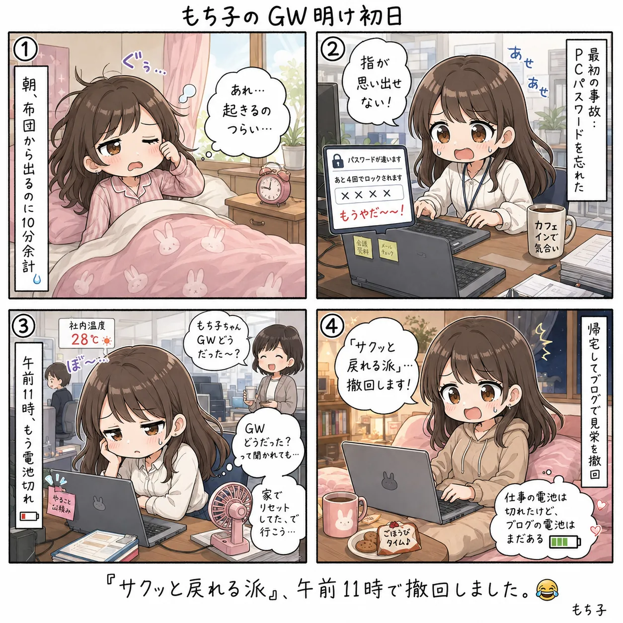 もち子のGW明けリハビリ出社(4コマ)