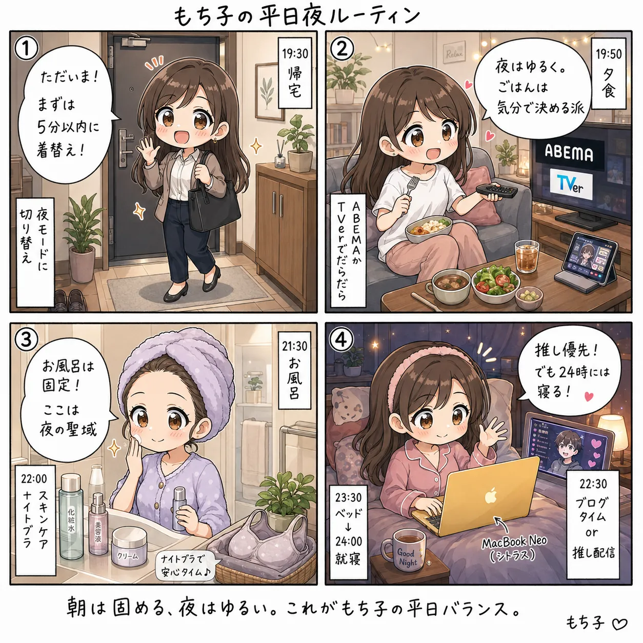 もち子の平日夜ルーティン(4コマ)