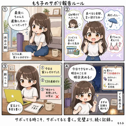 【サボり報告】家トレ、2週間近くゼロです。サボった日の書き方を決めました(4コマ漫画)