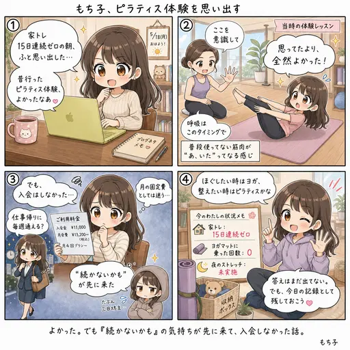 ピラティス体験レッスン、よかったのに入会しなかった理由。家トレ15日ゼロ継続中のもち子が思い出す話(4コマ漫画)