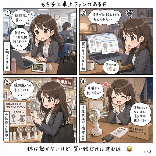無印の卓上扇風機を執務室デスクに。予告したまま15日寝かせてようやく買った話(4コマ漫画)