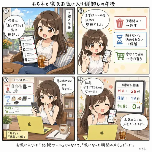 楽天のお気に入りに『あとで買う』を入れて寝る癖、土曜の午後に1回ぜんぶ棚卸しした話(4コマ漫画)