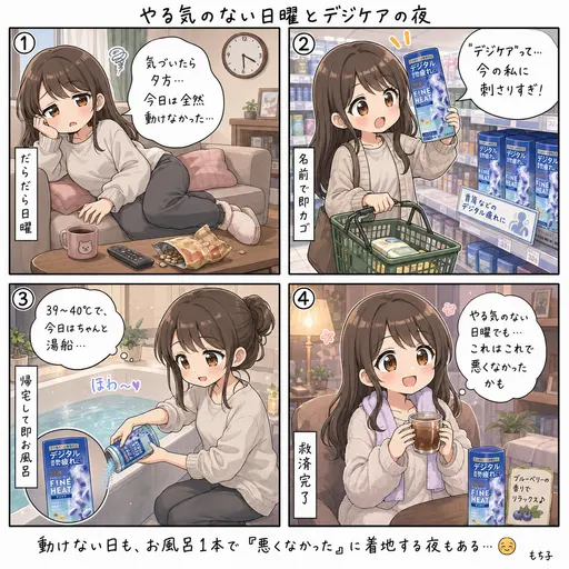 きき湯ファインヒート デジケアのレビュー。やる気のない日曜、夕方のスーパーで見つけて湯船に沈んだ(4コマ漫画)