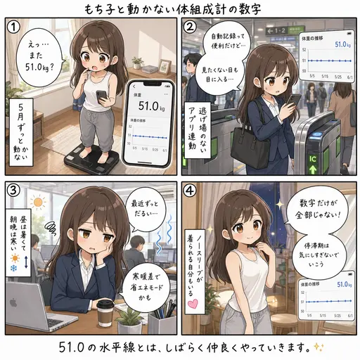 体組成計の数字が、5月に入ってからずっと51.0kg。3週間0.1キロも動かない停滞期の、だるい平日の話(4コマ漫画)