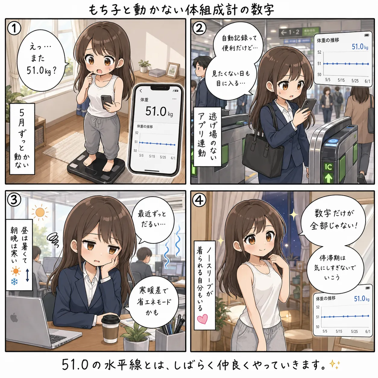 もち子と動かない体組成計の数字(4コマ)