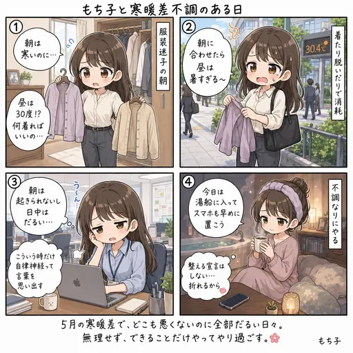 5月なのに昼は30度、朝晩は寒い。寒暖差で自律神経がやられて、毎朝の服装が迷子になっている平日(4コマ漫画)