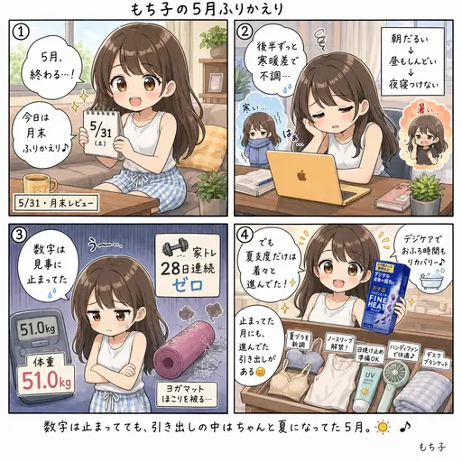 5月が終わる。寒暖差にやられて不調で、体重も家トレも止まったまま。でも夏支度だけは着々と進んだ1ヶ月(4コマ漫画)