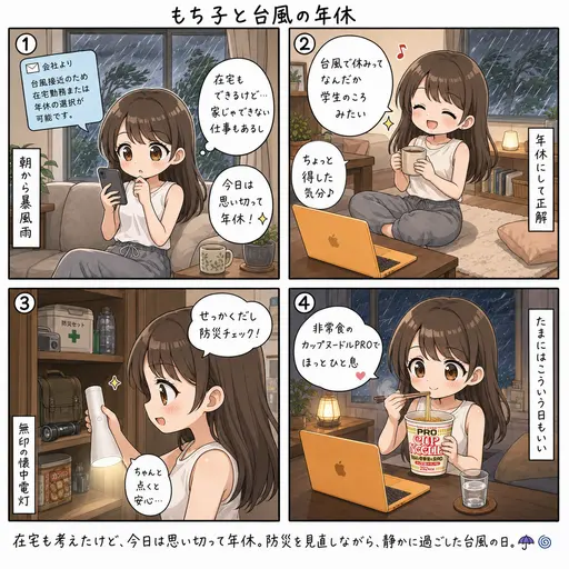 台風の暴風雨で、思い切って年休。防災を考えながら静かに過ごした日(4コマ漫画)