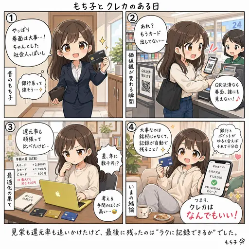 クレカはなんでもいい。券面でイキってた私が、QR決済で“ただの決済手段”だと気づいた話(4コマ漫画)