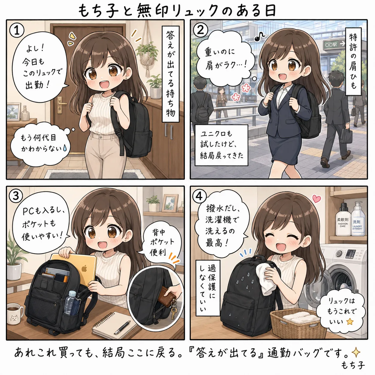 もち子と無印のリュック(4コマ)