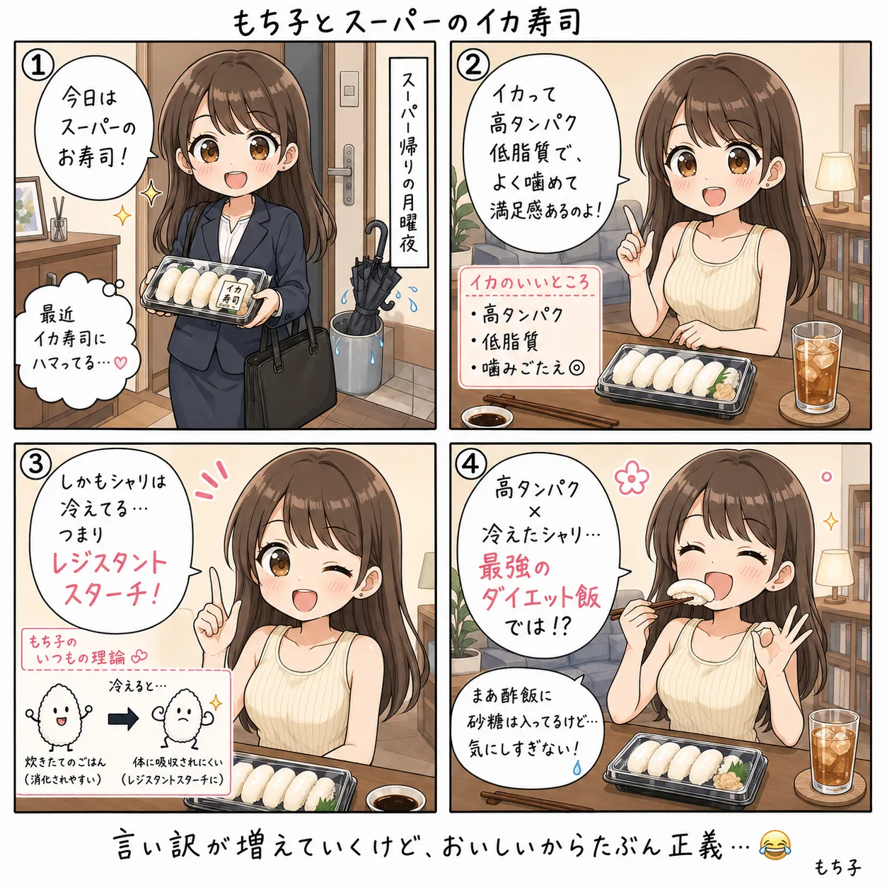 もち子とスーパーのイカ寿司(4コマ)