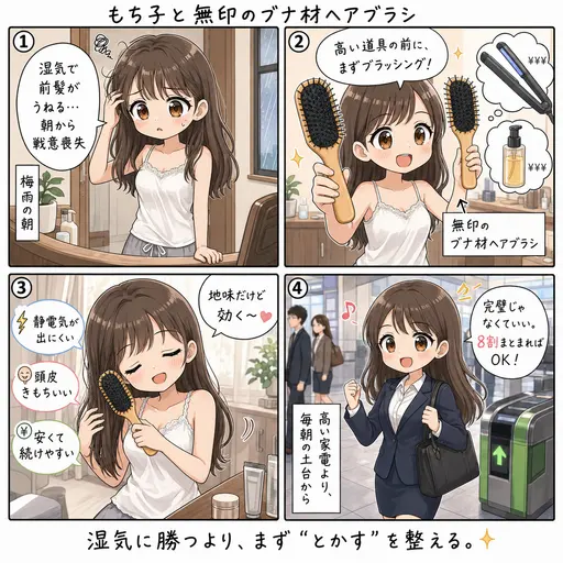 無印のブナ材ヘアブラシで前髪のうねり対策。高い道具じゃなく朝のブラッシングから(4コマ漫画)