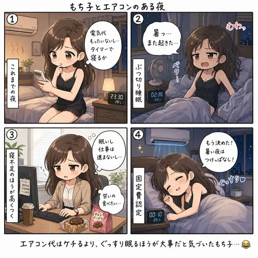 エアコンつけっぱなしで寝ることにした。電気代をケチって寝不足のほうが高くつく(4コマ漫画)