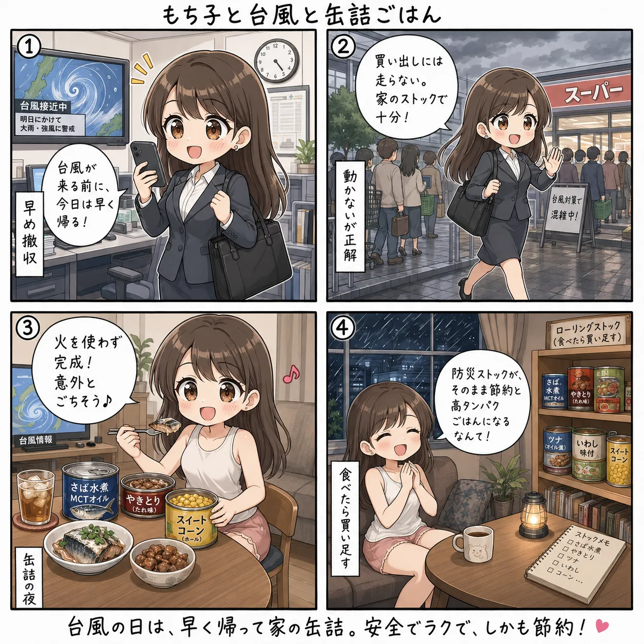 もち子、台風の日は早く帰って缶詰で済ませる(4コマ)