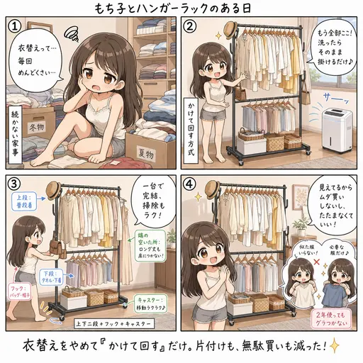 二段ハンガーラックで衣替えをやめた。服を『かけて回す』だけで片付けも無駄買いも減った(4コマ漫画)