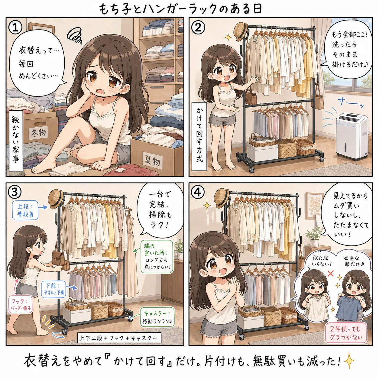もち子、二段のハンガーラックに服をかけて回して衣替えをやめる(4コマ)