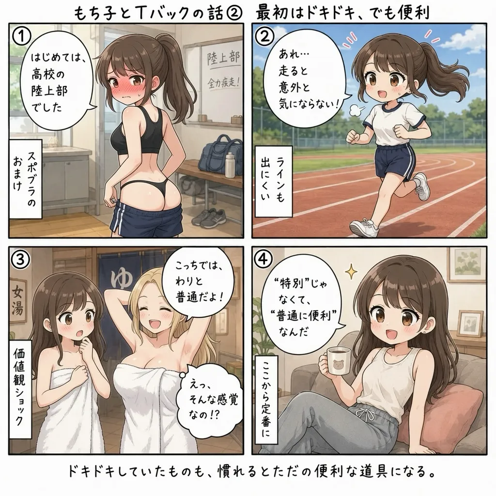 もち子、高校の陸上部でTバックに出会い、温泉で外国の友達に価値観をひっくり返される(4コマ)