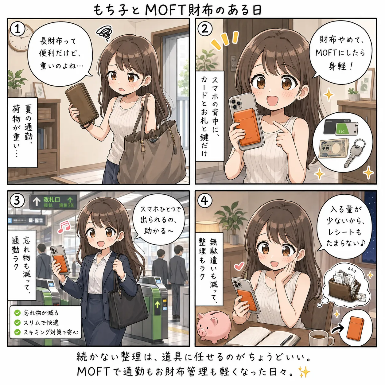 もち子、財布をやめてスマホの裏にMOFTを貼り手ぶらで通勤する(4コマ)