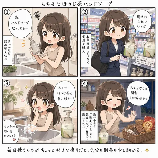 ビオレの泡ハンドソープ、ほうじ茶の香りが大当たり。洗うたびに手の匂いをかいでしまう(4コマ漫画)