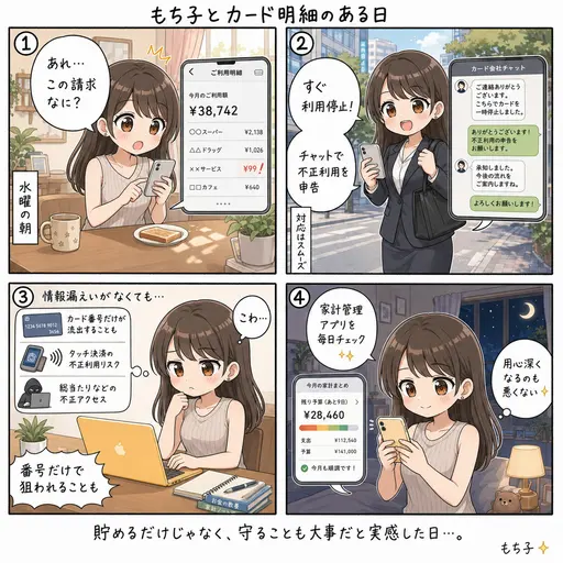 クレジットカードの不正利用に遭いかけた。身に覚えのない請求を水曜の朝に発見(4コマ漫画)
