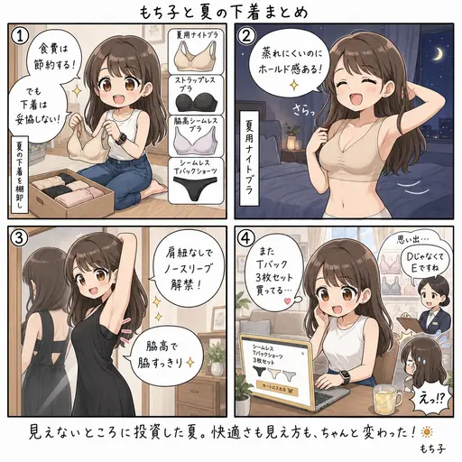夏の下着のおすすめまとめ。ナイトブラからストラップレス、Tバックまで妥協しない記録(4コマ漫画)