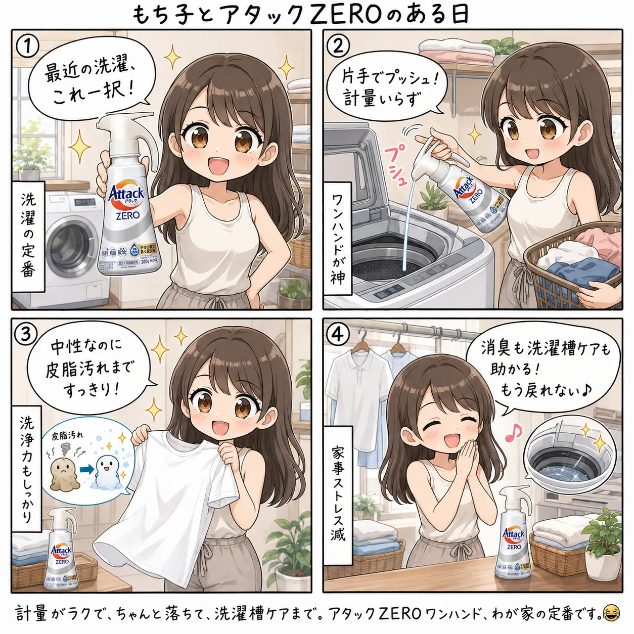 もち子、洗濯のたびにワンハンドプッシュのレバーを片手で押し込む(4コマ)