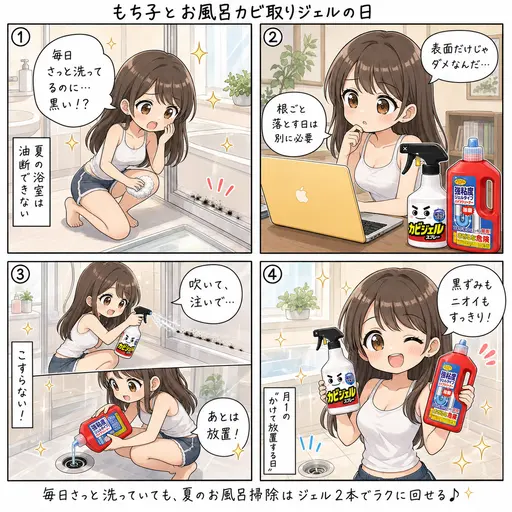 お風呂のカビ取りと排水口掃除はジェル2本で終わる。毎日さっと洗っていても、夏の浴室は汚れていた(4コマ漫画)