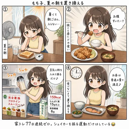 置き換えプロテインスムージーを朝ごはんにした。夏の食欲がない朝と、シェイカーひとつで続くズボラダイエット(4コマ漫画)