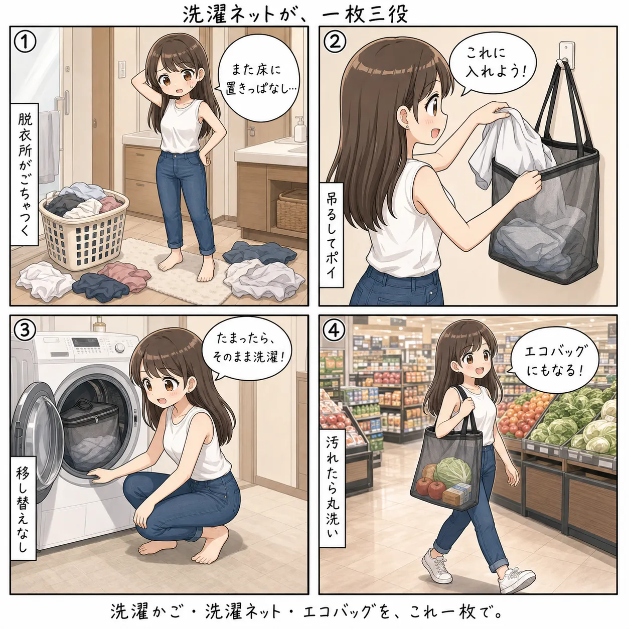 もち子、脱衣所のフックに吊り下げた洗濯ネットに脱いだ服を放り込み、同じネットを買い物のエコバッグにも使う(4コマ)
