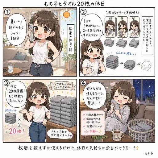マイクロファイバーのフェイスタオルを20枚常備。休日のシャワー2〜3回でも枚数を気にせず使える贅沢(4コマ漫画)