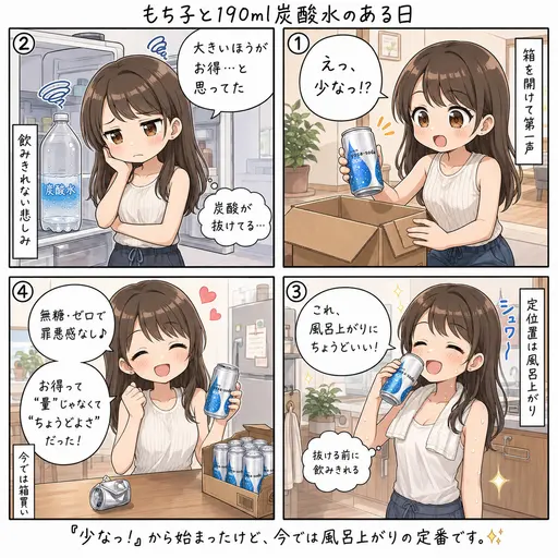 炭酸水は190mlの缶がちょうどいい。すくな!と思った飲みきりサイズが、風呂上がりの定位置になった(4コマ漫画)