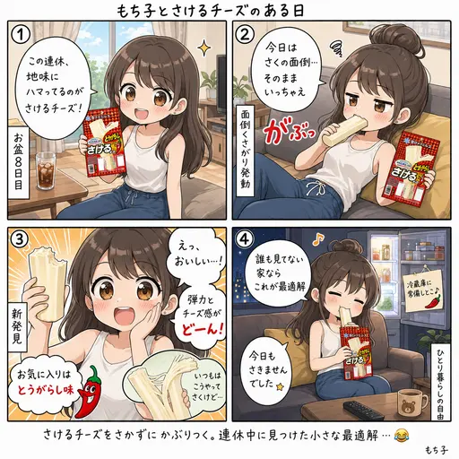 さけるチーズはさかずにかぶりつくのが好き。お盆に地味にハマった変な食べ方(4コマ漫画)