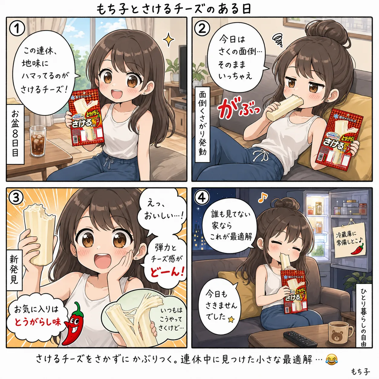お盆の連休中、もち子がさけるチーズを細く裂いて食べていたが、ある日面倒になってそのまま丸ごとかぶりつく。弾力と味がダイレクトに来て「お、チーズ!」と目を見開く。以来ずっとさかずに食べていて、お気に入りはとうがらし味。誰も見ていない家で今日もワイルドにかじる(4コマ)
