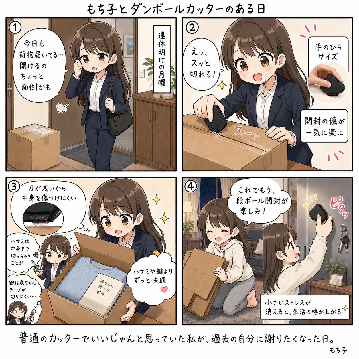 連休明けの月曜、仕事から帰ったもち子が小さなダンボールカッターで届いた段ボールをスッと開ける。ハサミや鍵で無理やり開けていた過去を思い出し、開封の儀が楽しみになったと満足する(4コマ)