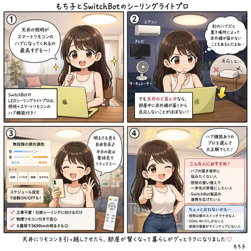 SwitchBotのシーリングライトプロで、天井がスマートリモコンになった。ハブ機能なしより断然ありをおすすめする話(4コマ漫画)
