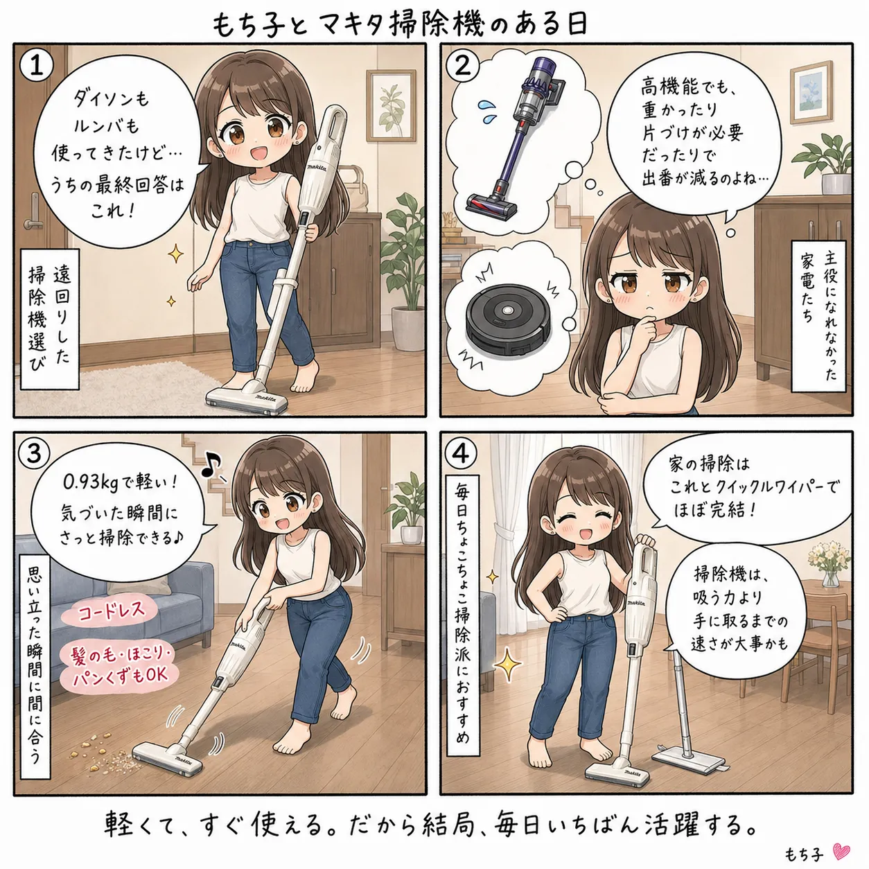 ダイソンもルンバも使ってきたのに、結局マキタの充電式クリーナに落ち着いたもち子。0.93kgで壁からさっと取り出せて、気づいた瞬間に掃除が終わる。カプセル式でゴミ捨ても簡単で、家の掃除はこれとクイックルワイパーで完結すると満足する(4コマ)
