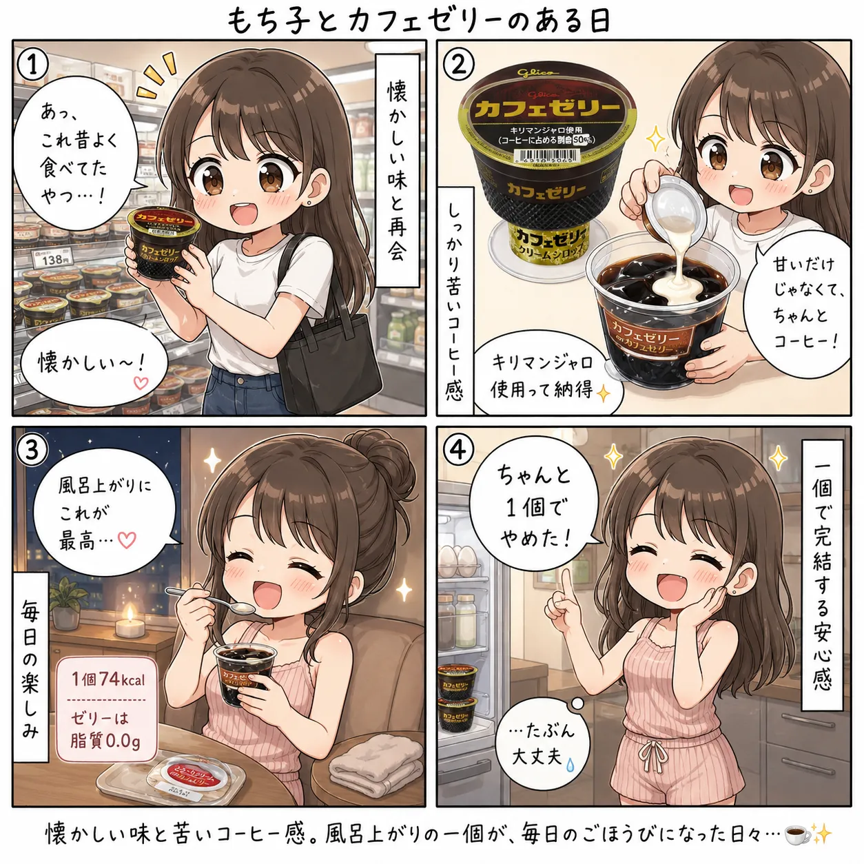 最近グリコのカフェゼリーにハマっているもち子。昔食べてた懐かしい味に再会し、しっかり苦いコーヒー感に感動して、風呂上がりに一個食べるのが毎日の楽しみになる(4コマ)