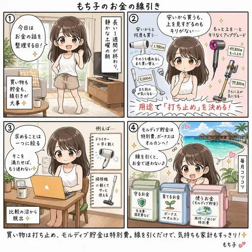 買い物は打ち止めを決める。モルディブ貯金は特別費として毎月のペースで、ボーナスはオルカンへ。もち子のお金の線引き(4コマ漫画)