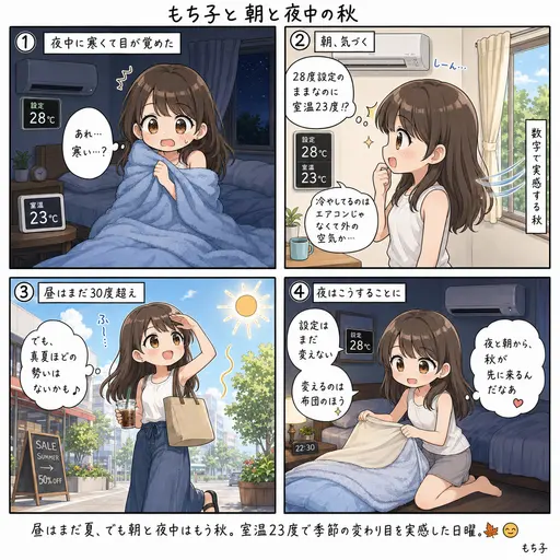 朝と夜中が寒い。エアコン28度設定なのに室温23度。昼は30度超えなのに、秋になってるなと実感した日曜(4コマ漫画)
