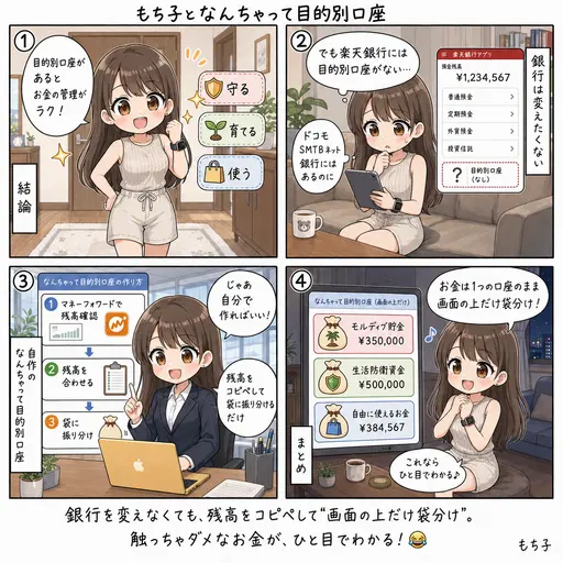 目的別口座がない銀行でお金を袋分けする方法。楽天銀行のもち子は、自作の「なんちゃって目的別口座」で残高を仕分けています(4コマ漫画)