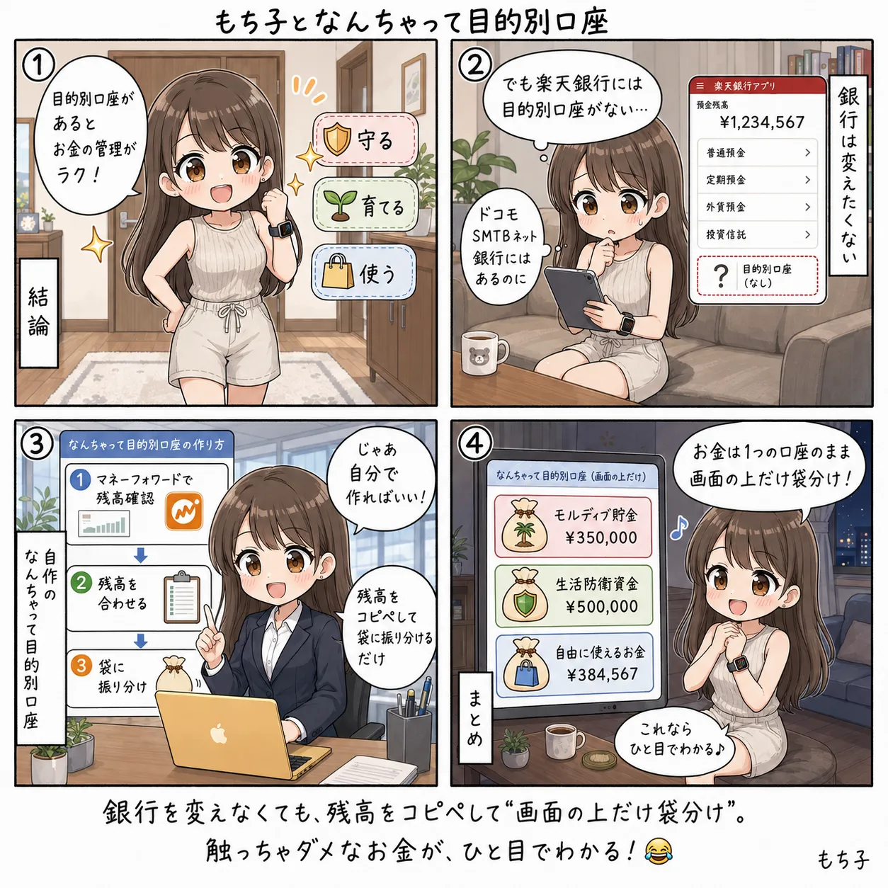 銀行の残高をマネーフォワードからコピペして、自作の「なんちゃって目的別口座」でモルディブ用・生活防衛資金・自由に振り分けるもち子(4コマ)