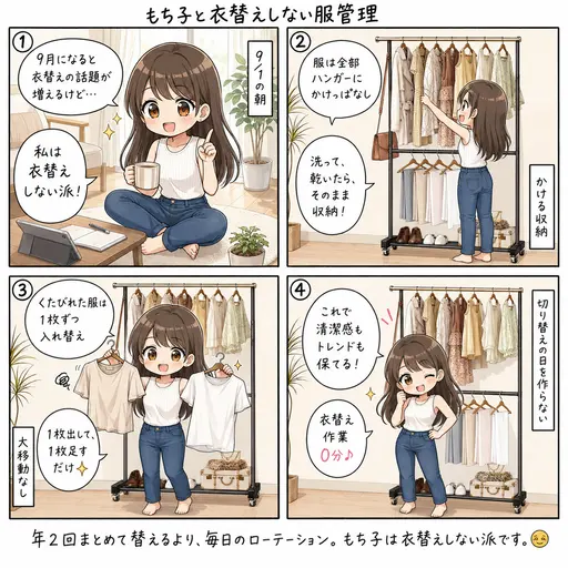 衣替えはしない。服はハンガーにかけっぱなしで順番に着て、少しずつ入れ替える。清潔感とトレンドはそれで保つ(4コマ漫画)