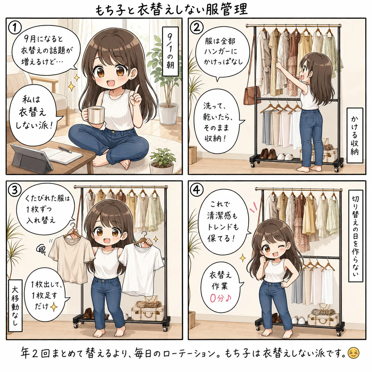 衣替えをせず、ハンガーラックの服を順番に着て少しずつ入れ替えるもち子(4コマ)