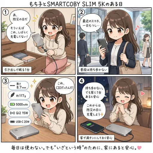 CIOの薄型モバイルバッテリーSMARTCOBY SLIM 5Kは、普段は持ち歩かない。防災の日に充電して、一応持っている理由を思い出した(4コマ漫画)